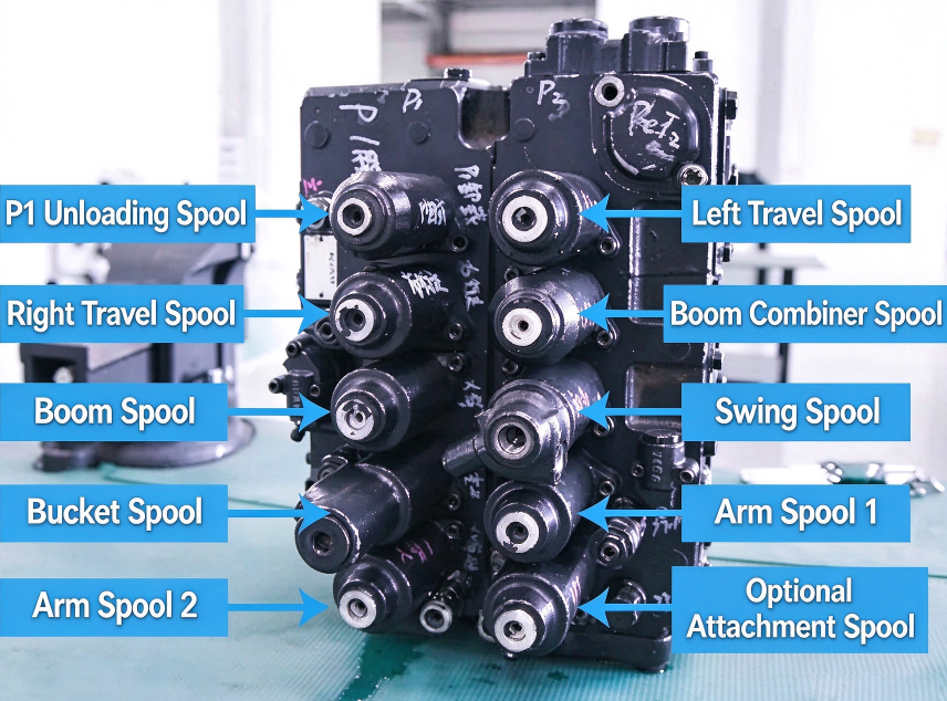 Kobelco 20-Ton 8-Series Excavator Main Control Valve (MCV) Spool Functions Guide Kobelco 20-Ton 8-Series Excavator Main Control Valve (MCV) Spool Functions Guide